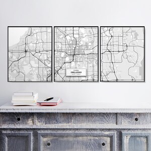 Orlando Street Maps, Set van 3 Prints, Triptiek, Orlando Set, Street Map Decor, Scandinavische Kaart, Zwart &Wit Kaart, Orlando Art, Florida kunst