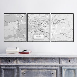Mapas de calles de Cracovia, Set of 3 Prints, Conjunto De Cracovia, Tríptico, Decoración de callejeros, Mapa escandinavo, Mapa en blanco y negro, Arte de Cracovia, Polonia, Póster