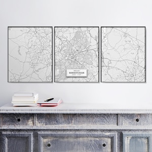 Birmingham Street Maps, Set of 3 Prints, England, Birmingham Set, Street Map Décor, Scandinavian Map, Black & White Map, Birmingham Art,