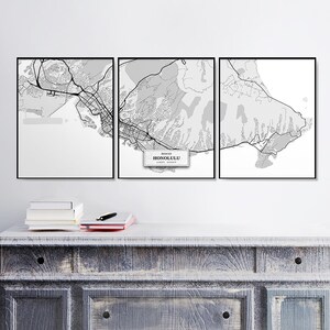 Mapas de la calle Honolulu, conjunto de 3 impresiones, conjunto de Honolulu, decoración de mapa de la calle, mapa escandinavo, mapa blanco y negro, arte de Honolulu