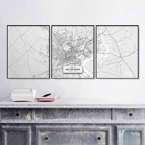 Callejeros de Ho Chi Minh, Set of 3 Prints, Tríptico, Set de Ho Chi Minh, Decoración de callejeros, Mapa escandinavo, Arte de Ho Chi Minh, Vietnam
