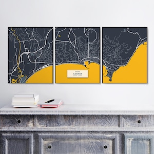 3 Straßenkarten | Set | Cannes Karte Drucke | Triptychon | Cannes Wand-Kunst-Poster | Stadtpläne Kunstwerk | Frankreich | Set von Postern
