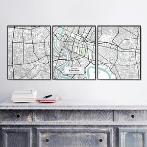Mapa de la calle de Bangkok, conjunto de impresiones, decoración del hogar, impresión de mapa azul, mapas de arte, regalo de bienvenida, arte de pared de mapa, impresiones de bellas artes