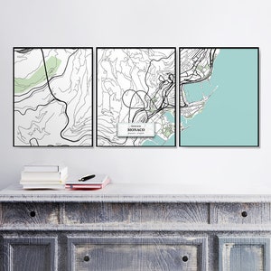 Mónaco Street Mapa de la calle, ériptych, conjunto de impresiones, decoración del hogar, impresión de mapa azul, mapas de arte, regalo de bienvenida, arte de la pared del mapa, impresiones de bellas artes