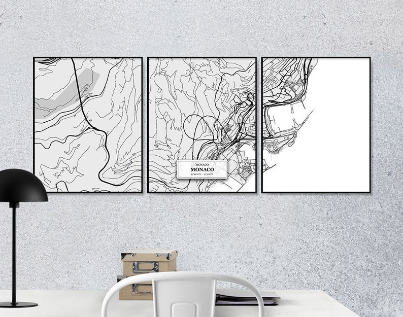 Monaco Set Set of 3 Prints Black /& White Map Street Map Decor Monaco Street Maps Monaco Urban Art Scandinavian Map