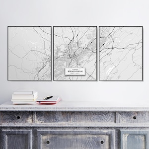 Birmingham Alabama Street Maps, Ensemble de 3 Estamps, Birmingham Set, Street Map Decor, Scandinavian Map, Black - White Map, Birmingham Art