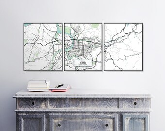 Taipei Street Map Triptych, Set of Prints, Home Décor, Poster, Taiwan, Blue Map Print, Art Maps, Housewarming Gift, Map Wall Art
