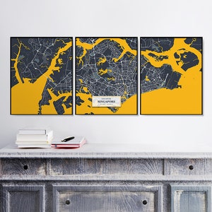 3 Straßenkarten | Set | Singapur Karte Drucke | Triptychon | Singapur-Wand-Kunst-Poster | Stadtpläne Kunstwerk | Singapur | Set von Postern