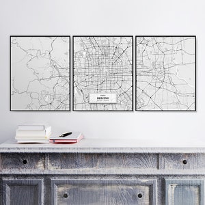 Cartes de rue de Pékin, ensemble de 3 impressions, ensemble de Pékin, décor de carte de rue, carte scandinave, carte noire et blanche, art de Pékin