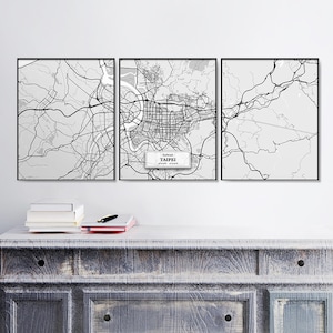 Callejeros de Taipei, Set of 3 Prints, Taipei Set, Tríptico, Decoración de callejeros, Mapa escandinavo, Mapa en blanco y negro, Taipei Art, Taiwán, Póster