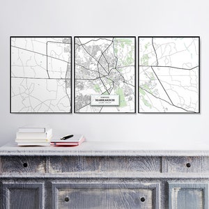 Marrakech Street Map Тriptych, Set de tirages, Marrakech Art, Décoration, Impression de carte bleue, Cartes d’art, Cadeau de pendaison de crémaillère, Carte Art Mural, Maroc