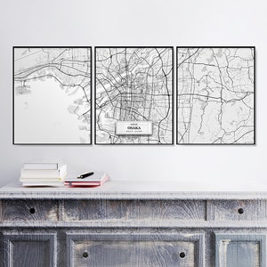 Osaka Street Maps, Triptyque, Set de 3 estampes, Japon, Osaka Set, Affiche, Décor de carte de rue, Carte scandinave, Carte noir & blanc, Osaka Art