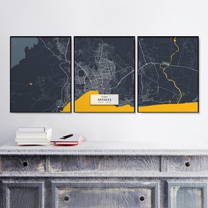 3 Straßenkarten | Set | Antalya Karte Drucke | Triptychon | Antalya Wand-Kunst-Poster | Stadtpläne Kunstwerk | Türkei | Set von Postern