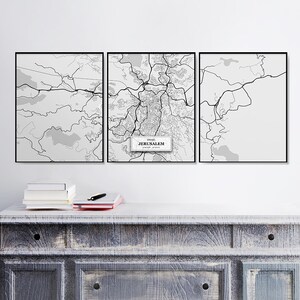Callejero De Jerusalén, Set of 3 Prints, Tríptico, Juego de Jerusalén, Decoración de Callejeros, Mapa Escandinavo, Arte de Jerusalén, Israel, Cartel de Jerusalén