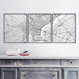 Philadelphia Straßenkarten, 3er-Set, Philadelphia-Set, Straßenkarte Dekor, skandinavische Karte, Schwarz-Weiß-Karte, Philadelphia Art