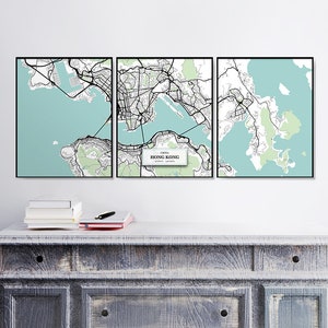 Tríptico De Mapa De Calle Hong Kong, Set Of Prints, Home Décor, Blue Map Print, Art Maps, Housewarming Gift, Map Wall Art, Fine Art Prints, Poster