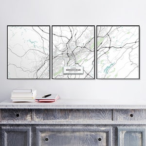 Birmingham Alabama Street Map Triptych, Ensemble d'estampes, Alabama, Blue Map Print, Cartes d'Art, Cadeau de pendaison, Carte Wall Art, Beaux-Arts Estampes