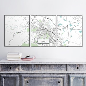 Tríptico De Mapa De Calles De Sofía, Set Of Prints, Home Décor, Blue Map Print, Art Maps, Regalo De Inauguración, Map Wall Art, Bulgaria, Sofia Poster