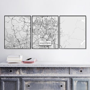 Callejeros de Kuala Lumpur, Set of 3 Prints, Kuala Lumpur Set, Tríptico, Decoración de callejeros, Mapa escandinavo, Arte de Kuala Lumpur, Malasia