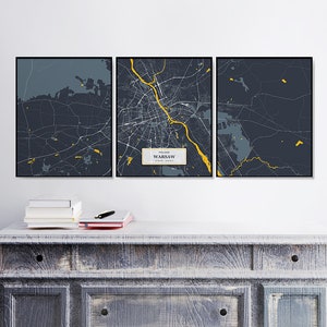 Varsovia Mapa Impresiones / 3 Callejeros / Conjunto /Tríptico / Varsovia Mural Carteles / Mapas de la Ciudad Ilustraciones / Polonia / Conjunto de Carteles/ Arte de Varsovia