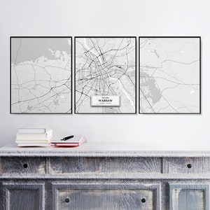 Callejero de Varsovia, Set of 3 Prints, Polonia, Tríptico, Conjunto de Varsovia, Póster, Decoración de callejeros, Mapa escandinavo, Mapa en blanco y negro, Arte de Varsovia