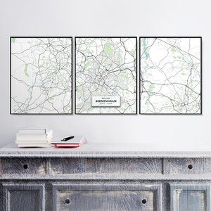 Mapa de la calle de Birmingham, conjunto de impresiones, decoración del hogar, impresión de mapa azul, mapas de arte, regalo de bienvenida, arte de pared de mapa, impresiones de bellas artes