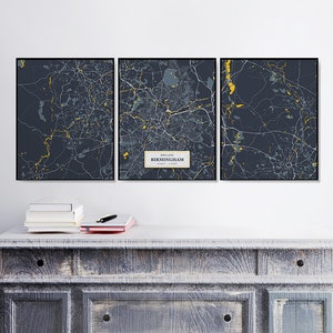 Birmingham Map Prints |3 Street Maps | Définir | Triptyque | Royaume-Uni |  Affiches d’art mural de Birmingham | Illustrations de cartes de la ville | Angleterre | Ensemble d’affiches