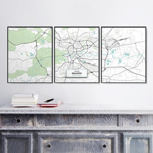 Mapa de la calle de Cracovia, conjunto de impresiones, decoración para el hogar, impresión de mapas azules, mapas de arte, regalo de bienvenida, arte de pared de mapa, impresiones de bellas artes