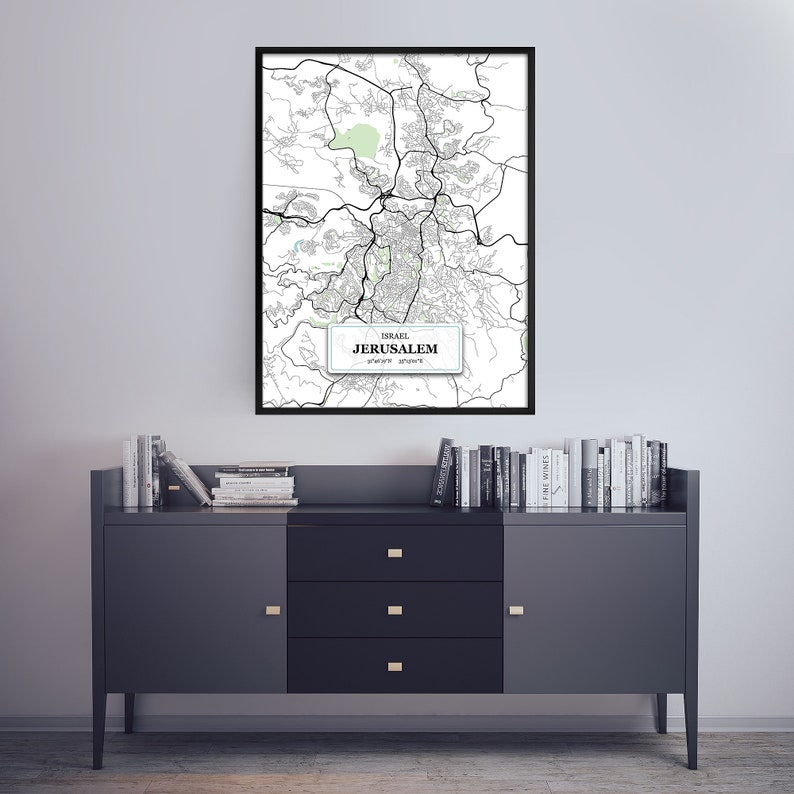 Jerusalem Map Jerusalem Wall Art Blue Map Print Fine Art Print Home Decor Map Wall Art Street Map Decor Housewarming Gift