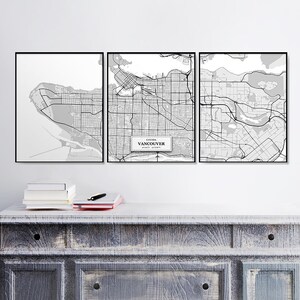 Vancouver Street Maps, Set of 3 Prints, Vancouver Set, Tríptico, Street Map Decor, Poster, Scandinavian Map, Black & White, Vancouver Art