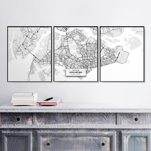 Callejeros Singapur, Set of 3 Prints, Tríptico, Conjunto Singapur, Decoración De Callejeros, Póster, Mapa Escandinavo, Blanco y Negro, Arte Singapur