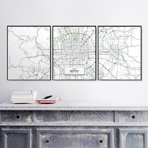 Beijing Street Map áriptych, Conjunto de impresiones, Decoración del hogar, Impresión de mapa azul, Mapas de arte, Regalo de bienvenida, Arte de pared de mapa, Impresiones de bellas artes