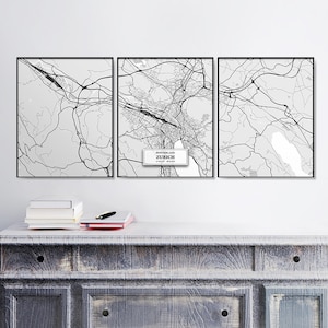 Zürich Stadtplan, Triptychon, 3er Set Drucke, Zürich Set, Strassen karte Dekor, Schweiz, Skandinavische Karte, schwarz weiß Karte, Zürich Kunst