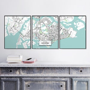 Singapur callejero Тriptych, Set Of Prints, Home Décor, Singapur ,Blue Map Print, Poster, Art Maps, Housewarming Gift, Map Wall Art,