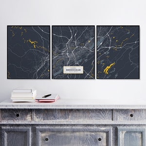 Birmingham Alabama Map Prints | 3 Street Maps | Définir | Triptyque | Affiches d’art mural de Birmingham | Illustrations de cartes de la ville | Alabama | Ensemble d’affiches
