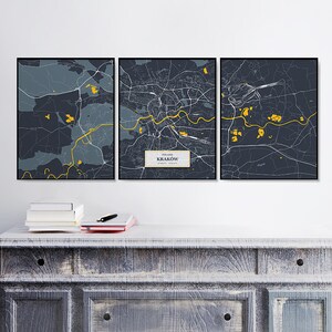 Kraków Map Prints | 3 Street Maps | Set | Triptych | Kraków Wall Art Posters | City Maps Artwork | Poland | Set of Posters | Kraków Décor