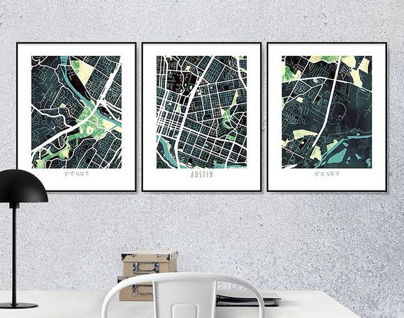 Austin Street Maps Austin Texas Triptych Set Of 3 Prints Etsy