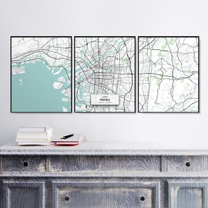 Tríptico De Mapa De Calle Osaka, Set Of Prints, Decoración Del Hogar, Impresión De Mapa Azul, Mapas De Arte, Póster, Japón, Regalo De Inauguración De Casa, Arte Mural De Mapas, Osaka Print