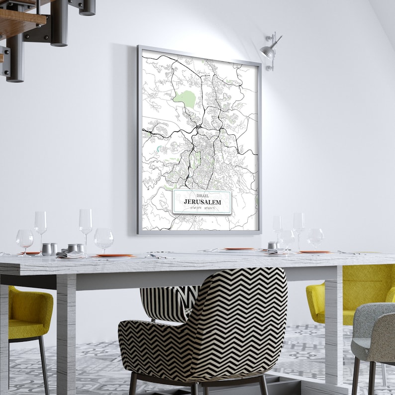 Jerusalem Map Jerusalem Wall Art Blue Map Print Fine Art Print Home Decor Map Wall Art Street Map Decor Housewarming Gift