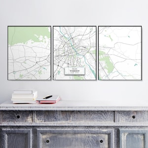 Tríptico de Mapa de Varsovia, Set De Grabados, Tríptico, Decoración Del Hogar, Impresión De Mapa Azul, Mapas De Arte, Regalo De Inauguración, Mapa Arte Mural, Polonia, Póster