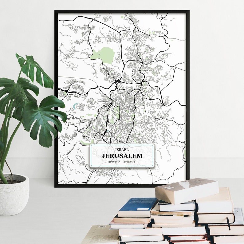 Jerusalem Map Jerusalem Wall Art Blue Map Print Fine Art Print Home Decor Map Wall Art Street Map Decor Housewarming Gift