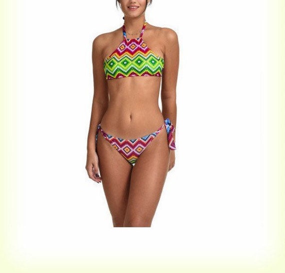 High Neck Bikini High Neck Bikini Top Colorful Bikini Geometric Pattern  Bikini Two Piece Swimsuit Swimwear Beachwear 