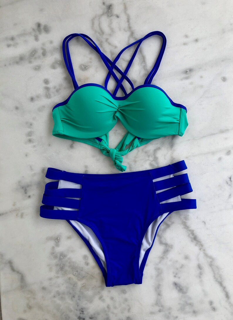 Strappy Bikini High-rise Bikini Blue/mint Bikini Set - Etsy