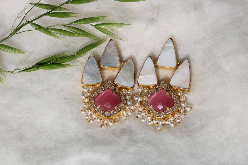 Stud earrings indian studs triangle stone mop stone earring gift for her unique earring handmade jewelry ethnic handmade earring