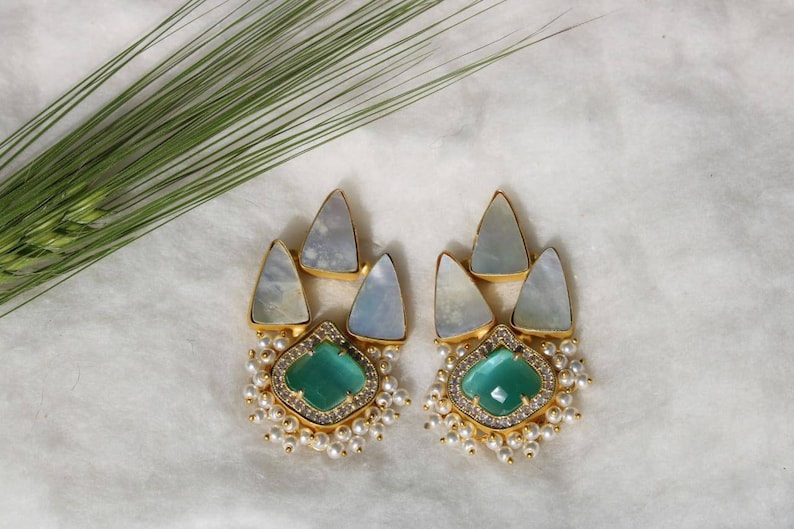 Stud earrings indian studs triangle stone mop stone earring gift for her unique earring handmade jewelry ethnic handmade earring