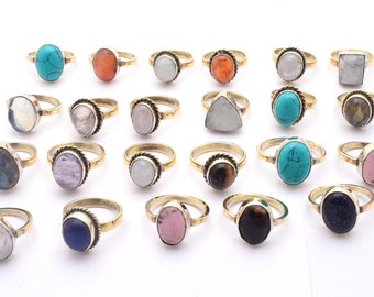 100% Natural Brass Material Real And Lab-Created Mix Gemstones  Turquoise, Rose, Quartz, Opalite, Ring Multi Size For Man And Woman