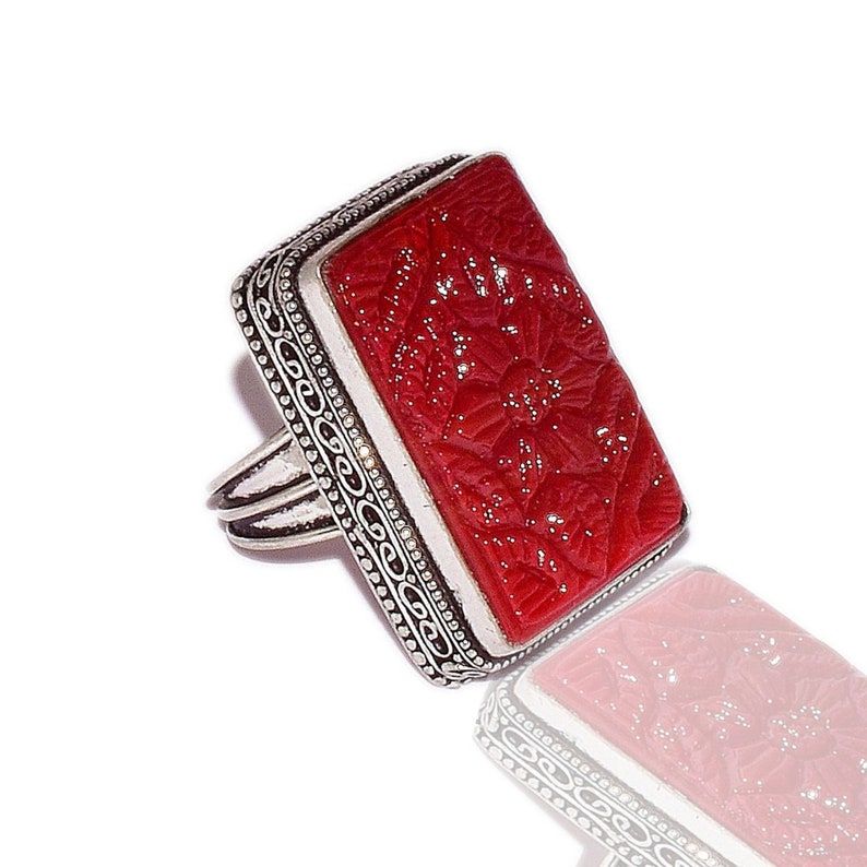 Cushion Shape Jasper Ring Handmade Jewellery Gemstone Gift For Her 925 Sterling Silver Plated Ring Gemstone Red Jasper Carving Ring