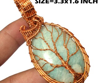 Pendentif arbre de vie avec pierres précieuses en amazonite, fil de cuivre enroulé, pendentif en pierres précieuses en cuivre, cadeau pour elle, bijoux en fil de fer faits main