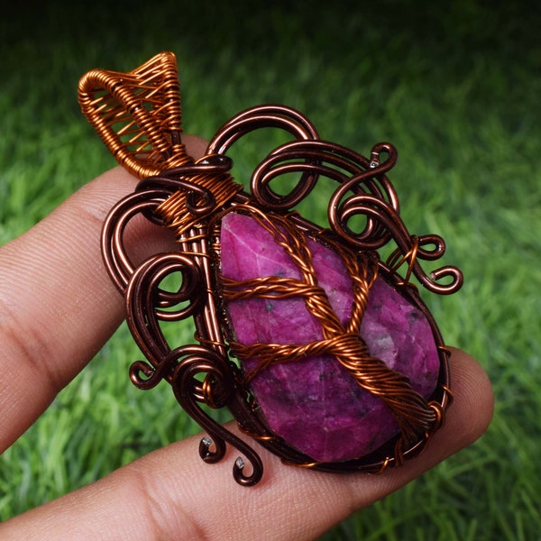 Ruby Dyed Gemstone Pendant Tree Of Life  Wire Wrapped Gemstone Pendant Copper Designer Jewelr Gift For Her Handmade Wire Jewelr WD6