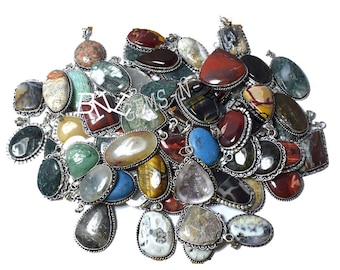Beautiful AMOZONITE & Mix Gemstone Pendant Sterling Silver Plated Pendant Necklace 100 Pcs Wholesale Lot, Best Price Lot, Women Jewelry Gift